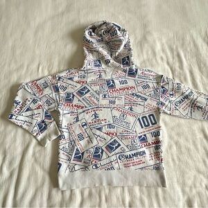 Champion Hoodie Mens S White Blue Red 100th Anniversary AOP Logo Hiphop Retro